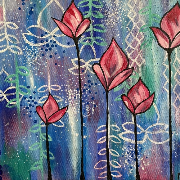 Tulip Lotus Blue Original 8x10 Painting Wall Art - Picture 2 of 5